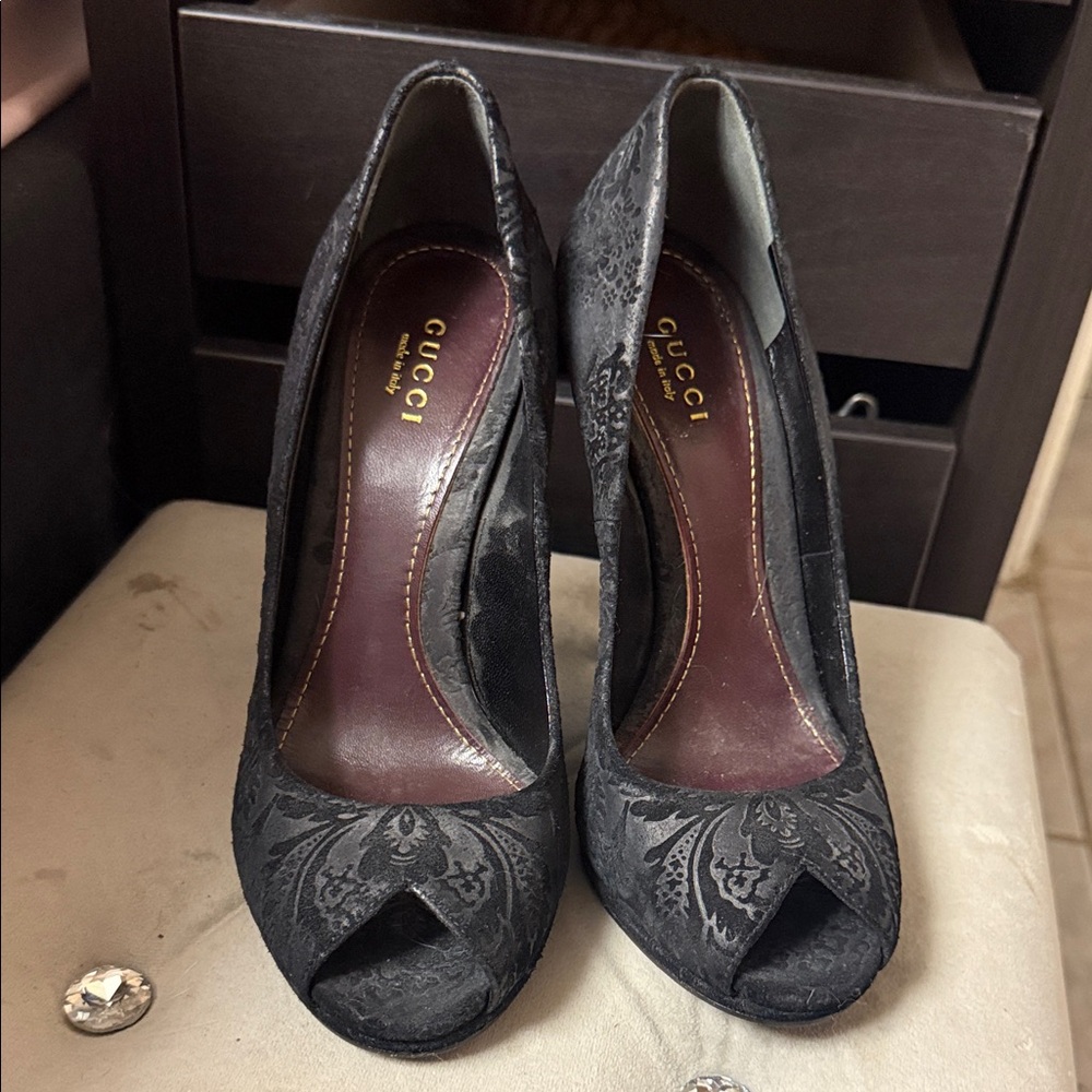 Gucci Black Brocade Peep Toe Heels
